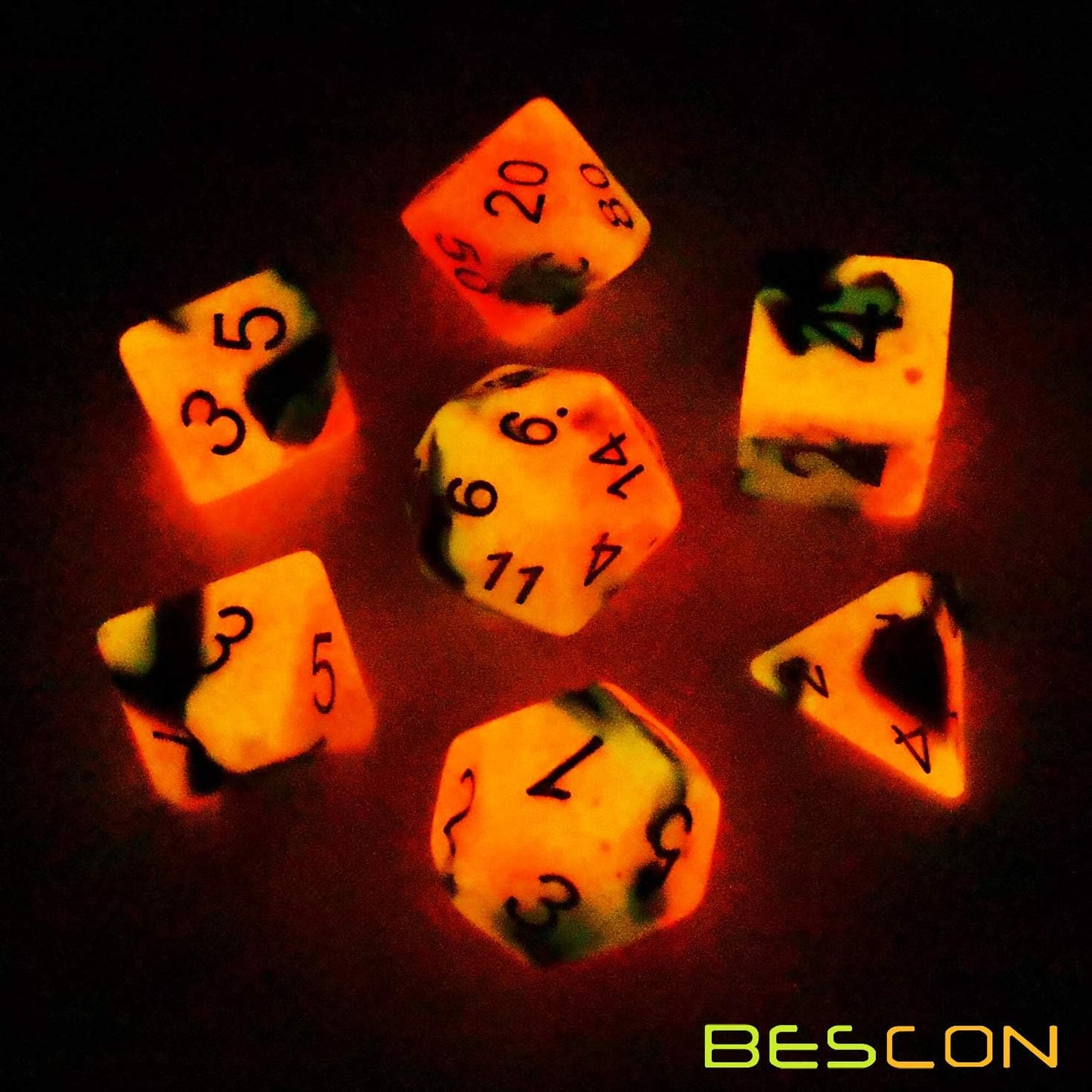 Bescon Two-Tone Glow-in-The-Dark Polyhedral Dice Set HOT Rocks, Luminous RPG Dice Set d4 d6 d8 d10 d12 d20 d% Brick Box Pack