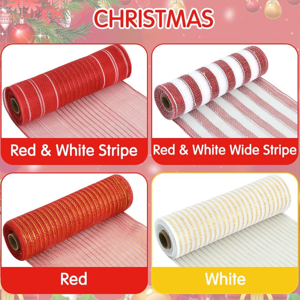 TONIFUL 4 Rolls 10 Inch Red and White Decorative Mesh Ribbbon Rolls, for Wreath Supplies Front Door Craft Tree Decor Christmas NewYears Valentine's Day Halloween Decoration (30ft/roll, 120ft/Set)