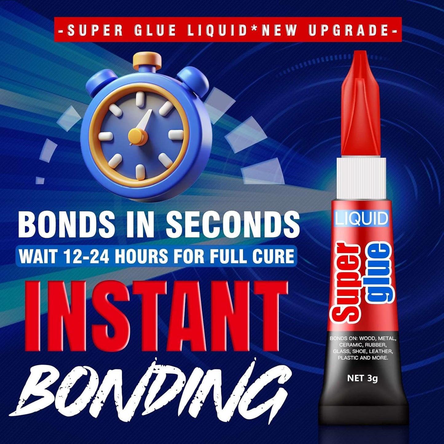 3 Gram (Pack of 24) Single Use Super Glue Liquid, Super Fast, Thin & Strong Adhesive Superglue, Cyanoacrylate Glue for Hard Plastics, DIY Craft, Ceramics, Leather, Metal Etc