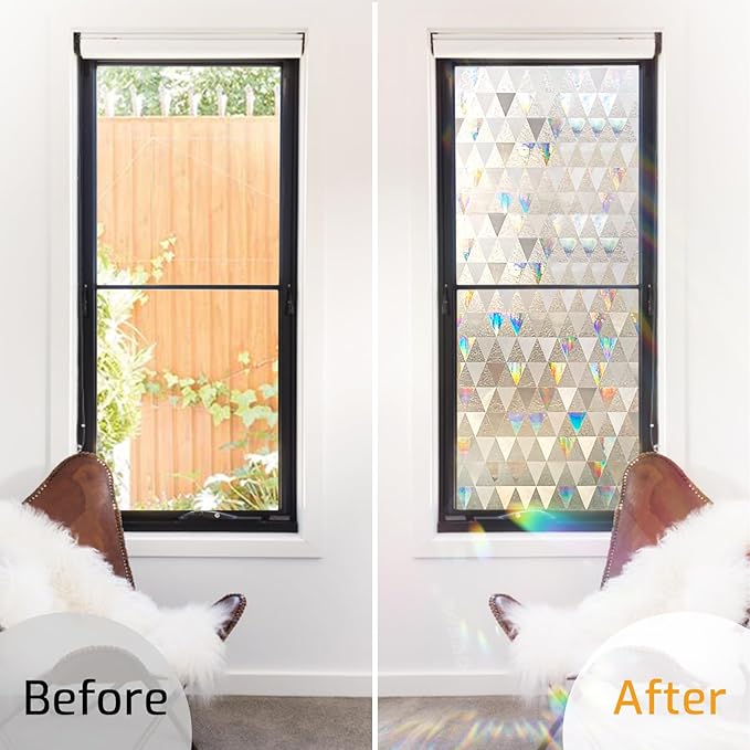 LUTE Window Privacy Film, Decorative Stained Glass Rainbow Window Clings, Sun Blocking Glass Covering, Renter-Friendly Static Cling Sticker Frosted Decals for Home Door Office, 23.6" x 157.4"