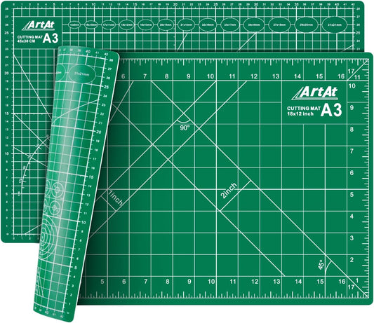 ArtAt Self Healing Cutting Mat: 12″x 18″ Green Double Sided Non-Slip 5 Layers PVC Durable Craft Sewing A3 Mat for Rotary Cutter, Use for Quilting and Scrapbooking and Craft & Art Projects…