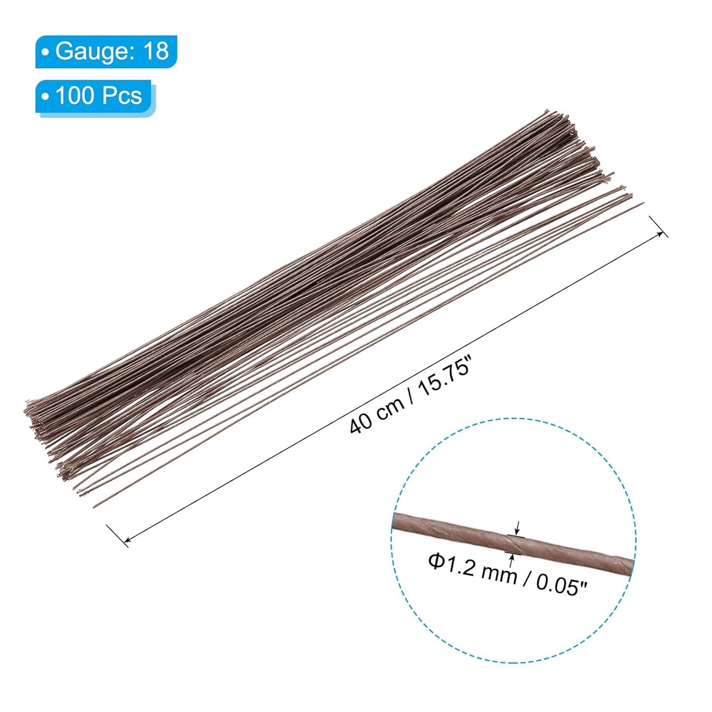 PATIKIL 18 Gauge 16" Floral Stem Wire, 100 Pcs Paper Wrapped Iron Artificial Flower Stem Accessories for DIY Bouquet Stem and Craft Decoration, Brown