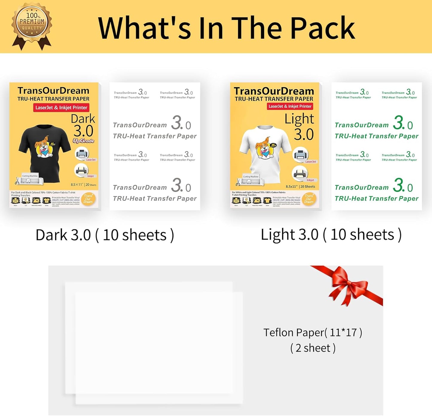 TransOurDream Iron on Heat Transfer Paper for Dark and Light T Shirts (10+10 Sheets, 8.5x11, Mix Pack) Printable HTV Heat Transfers Vinyl for Laserjet & Inkjet Printers (D3L3)