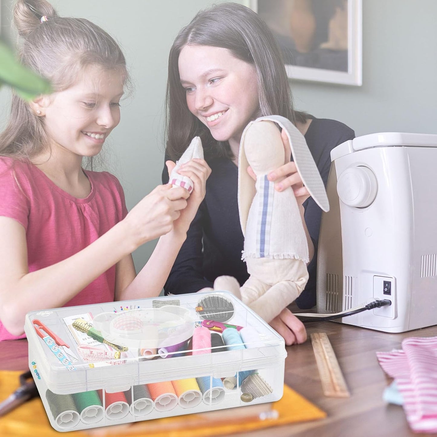 Mowhut Sewing Box for Sewing Supplies,Embroidery Floss Organizer,Plastic Tool Box with Handle,Stackable Thread Ribbon Storage,2 Layers Sewing Kit,Clear