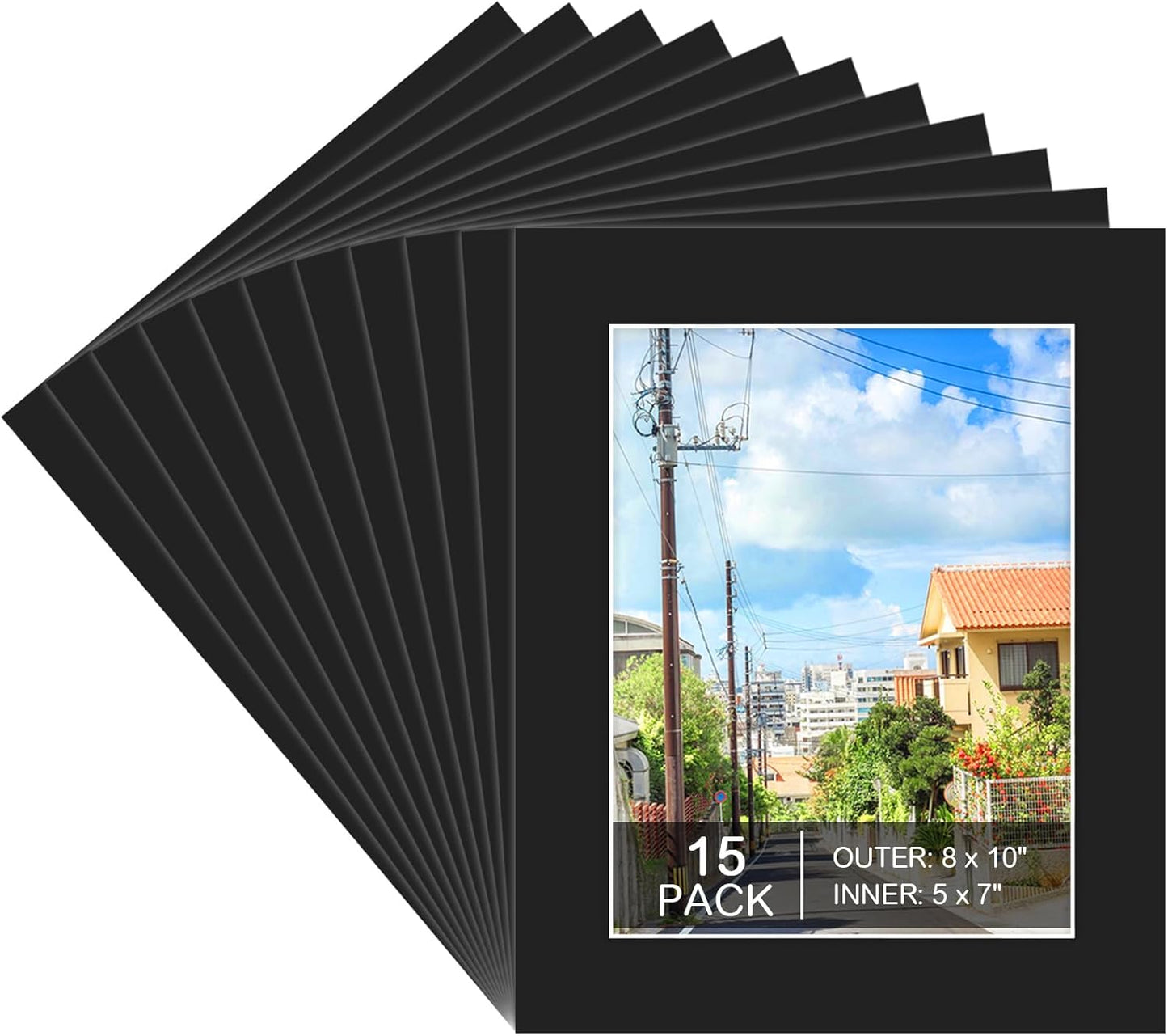 Prudiut 15 Pack 8x10 Black Picture Mats, Frame Mattes for 5x7 Pictures Photo Frame Mat Core Bevel Cut Mat Board Show Kit for Photos, Prints, Artworks