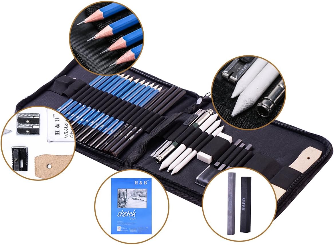 H & B 33 Pieces Drawing Pencils Set, Sketching Pencils Set & Drawing Kit, Includes Sketch Pad, Graphite Pencils, Charcoal Sticks and Eraser, Supplies for Artists/Beginner/Adults