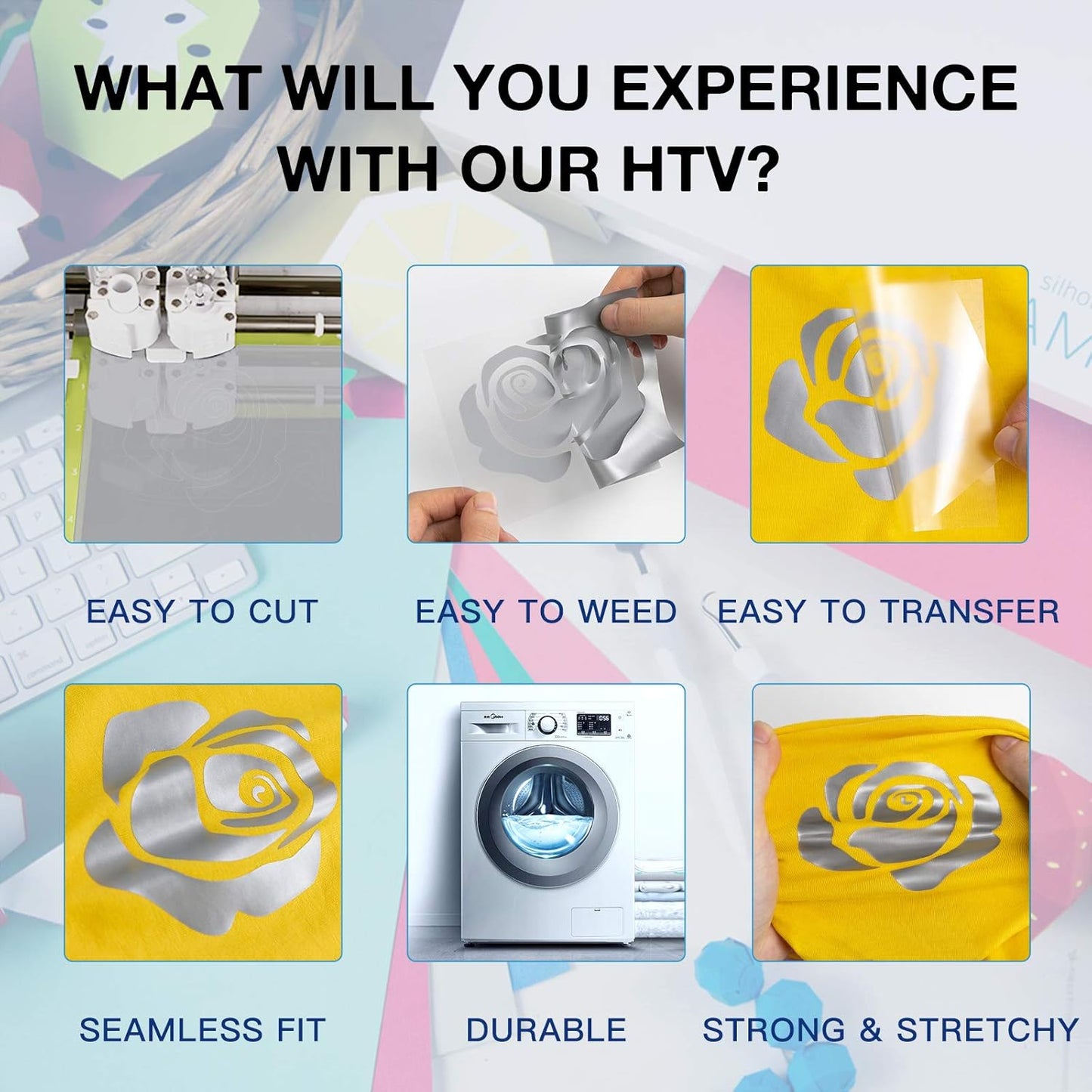 HTVRONT HTV Vinyl Rolls Heat Transfer Vinyl - 12" x 8ft Silver HTV Vinyl for Shirts, Iron on Vinyl for All Cutting Machine - Easy to Cut & Weed for Heat Vinyl Design (Silver)