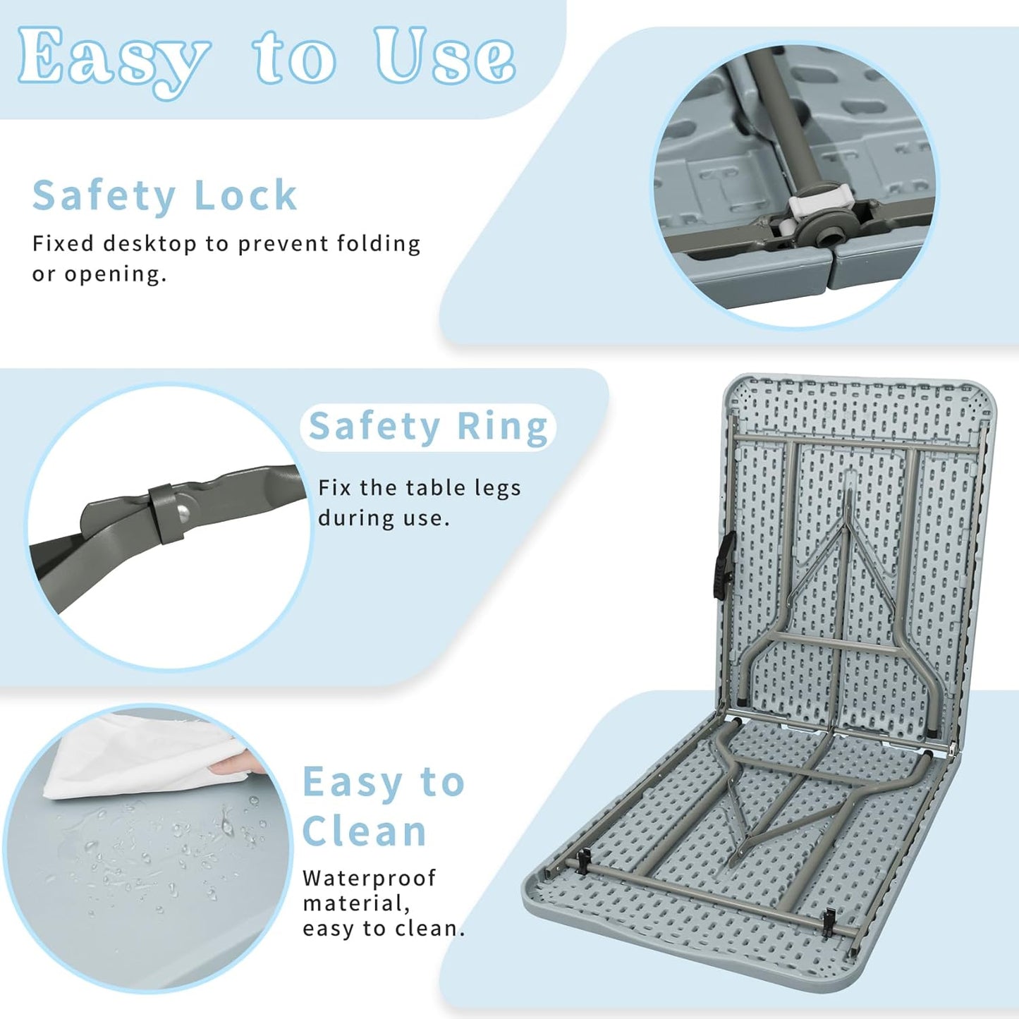 Folding Table 6 FT Camping Table Portable Plastic Rectangular Outdoor Dining Table Steel Legs Fold-in-Half with Carrying Handle for Indoor,Picnic,Party,Wedding,Events(Grey)