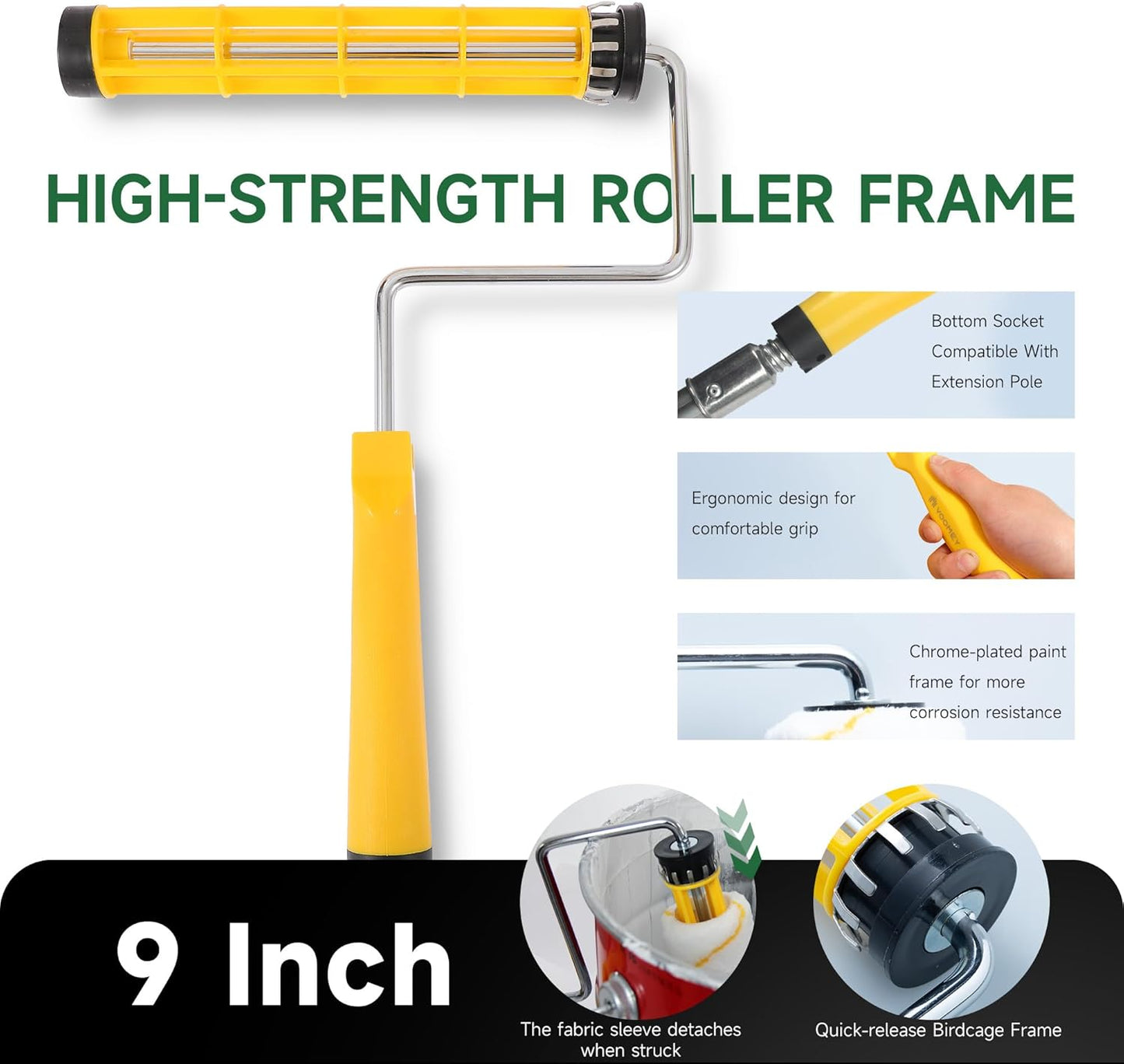 VOOMEY 9 Inch Foot-Operated Paint Tray，Paint Roller Frame,12 Pcs Paint Tray Liner with 4 Set Paint Roller Trays，House Painting Supplies