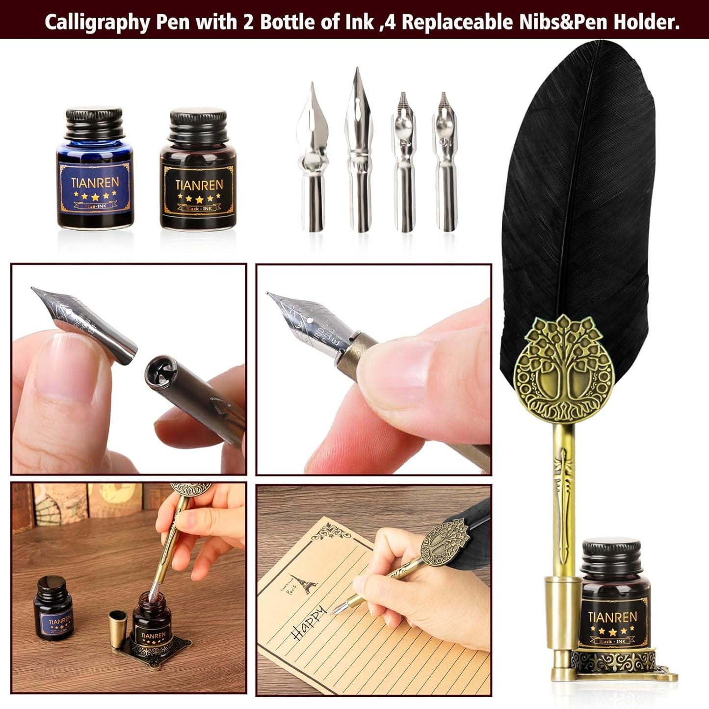 Quill pen ink set,Feather Pen and Ink Set,Antique Calligraphy Pen with 4 Replaceable Nibs,2 Bottle of ink,Feather Dip Pen Holder Christmas Gift for Men&Women.(Black)