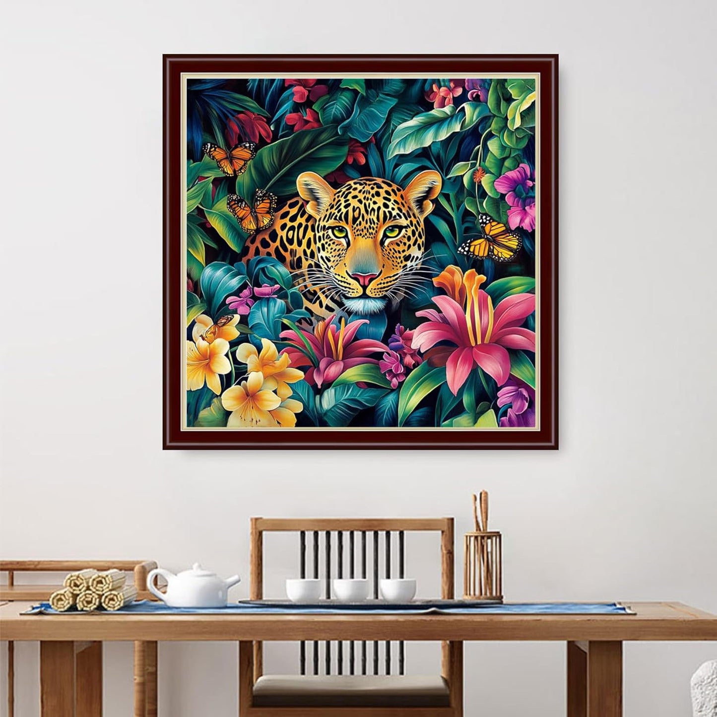 Dimensean Stamped Cross Stitch Kits Full Range of Embroidery Patterns Starter Kits for Beginners Adult or Kids DIY Cross Stitches Needlepoint Kits 11CT-Leopard in Flowers 18x18 inch