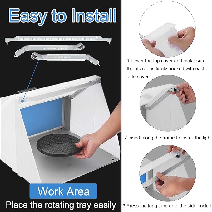 Hotorda Portable Airbrush Spray Booth with 3 LED Lights, Extra Replaceable Extra Filter Pad, Turn Table and 6ft Exhaust Extension Hose for Hobby, Painting, Art Craft, Model