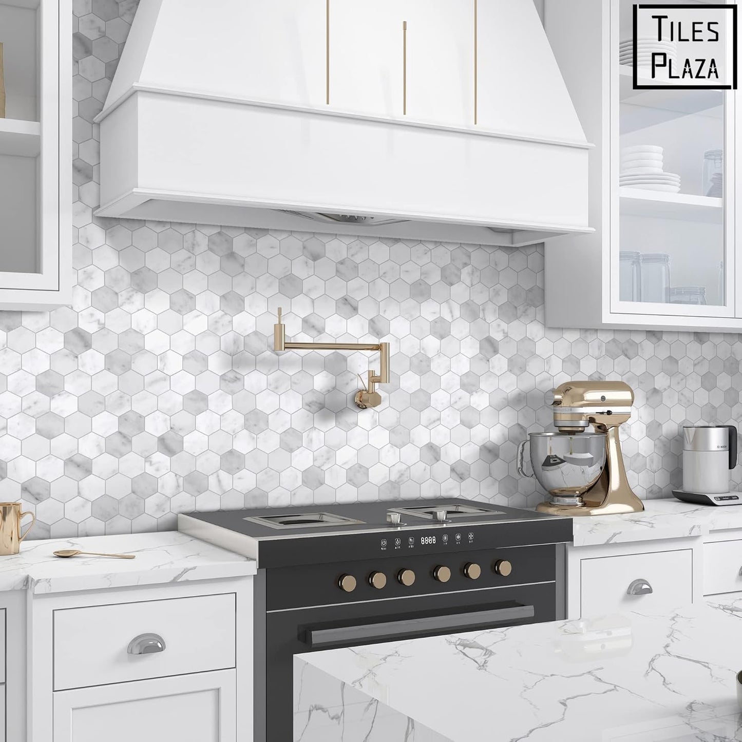 The Tiles Plaza 10-Sheet Peel and Stick Backsplash, Carrara White Hexagon Stone Composite Marble Looks Self Adhesive Wall Tile, Stick On Tiles for Kitchen Bathroom Shower, Cover 9 Sq Ft.