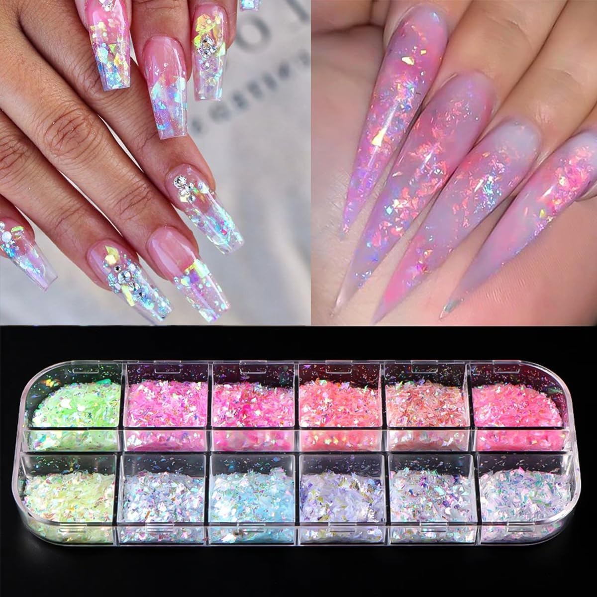 12 Colors Irregular Ice Nail Art Glitter Sequins 3D Holographic Mermaid Flakes Chameleon Confetti Iridescent Chunky Glitter for Face Make-Up Beauty Decorations