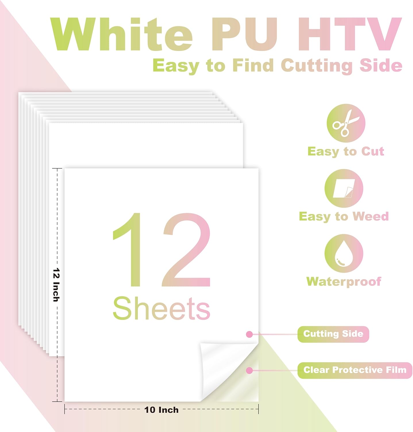 White PU Heat Transfer Vinyl, 12 Pcs 12"x10" HTV Sheets – Soft & Stretchable Iron-On Vinyl, Easy to Cut & Weed, Compatible with Cricut & Silhouette – Perfect for 4th of July Shirts & Patriotic Crafts