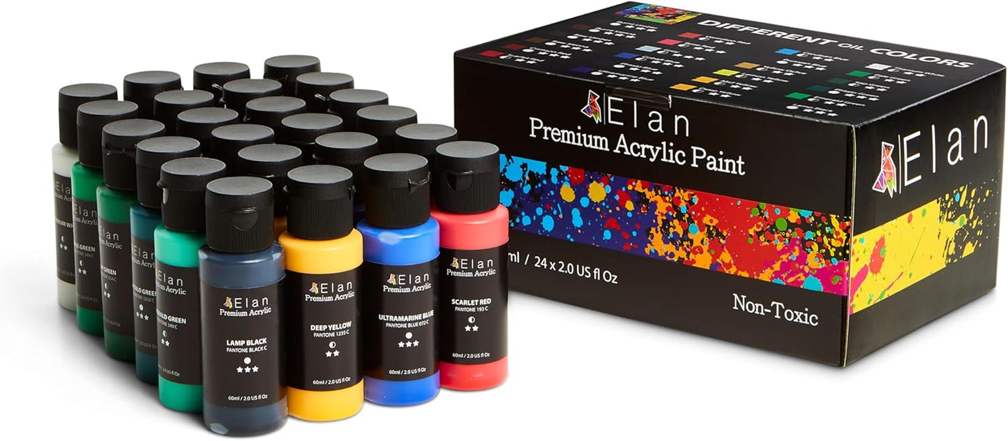 Elan Professional Acrylic Paint Set, 24 Vibrant Colors Acrylic Paint Tubes 2fl oz, Non-Toxic Tubes for Canvas & Crafts, Art Paints for Adults