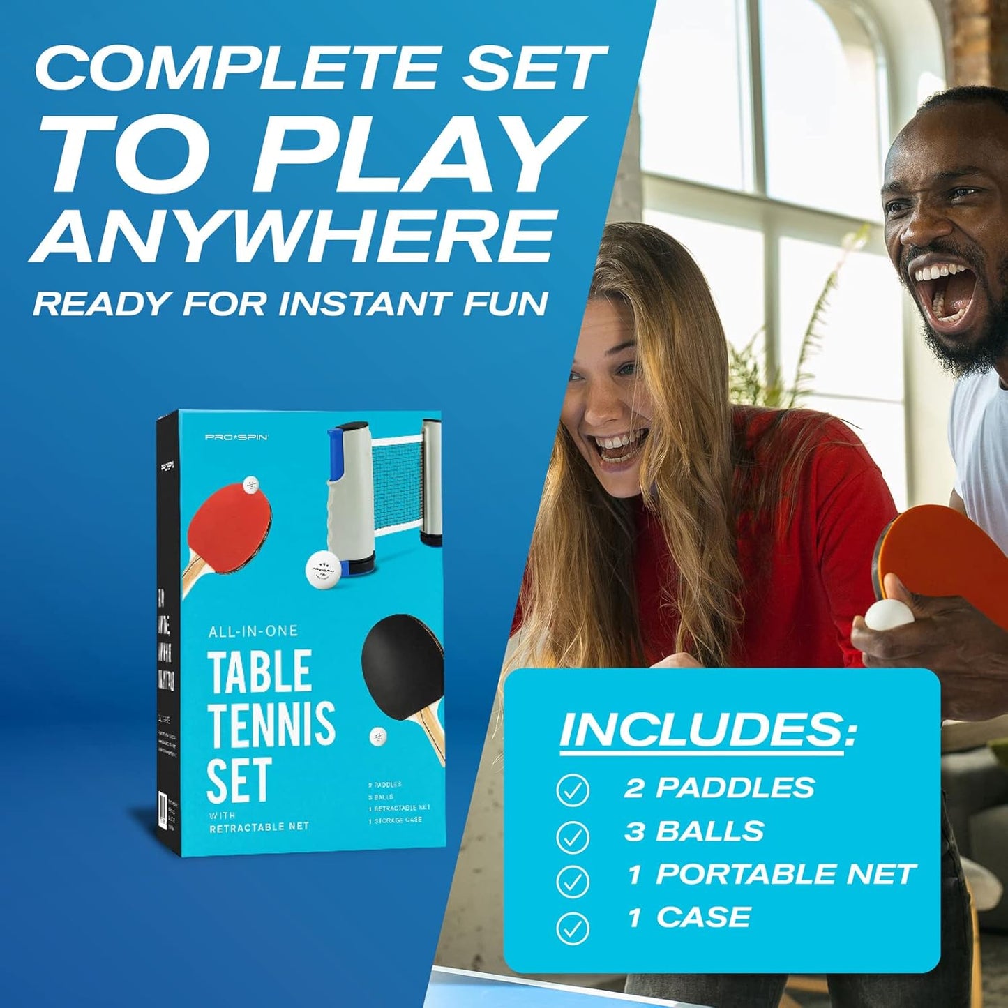 PRO SPIN All-in-One Ping Pong Set - Retractable Ping Pong Net for Any Table (72"), Ping Pong Paddles and Balls, Storage Case - Portable Table Tennis Family Games, Gifts for Boys & Girls