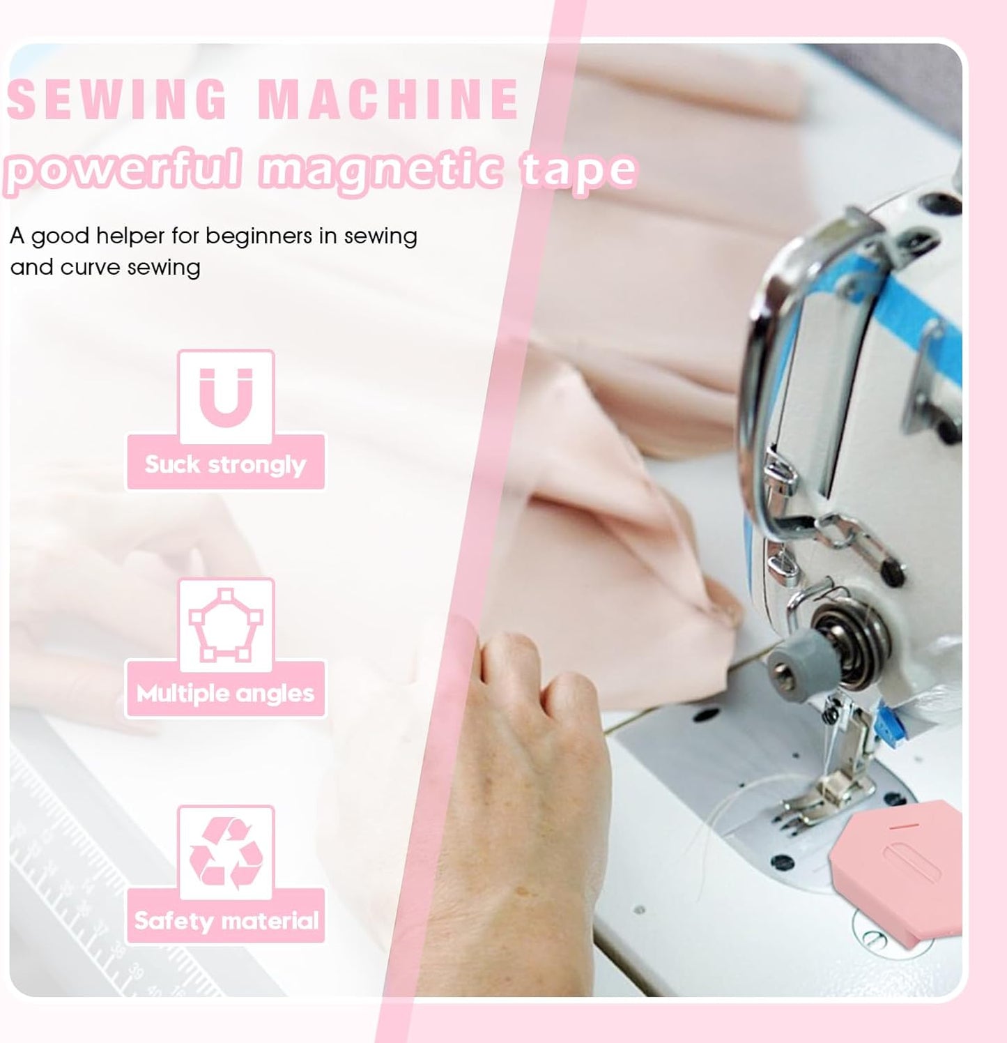 Pcmursal 4 Pieces Magnetic Seam Guide for Sewing Machine, Upgraded Multi-Purpose Tool Polygonal Magnetic Seam Guide with Scale, Sewing Supplies and Accessories (Pink)