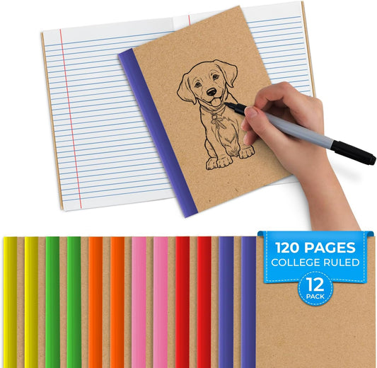 Rosmonde 12 Pack Kraft Journals A5, Extra Pages - 120 Pages (60 Sheets), College Ruled, 8 x 5.7 Small Kraft Notebooks, Rainbow Spines, Kraft Composition Notebook Journals for School Home & Office