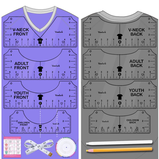 Vowlove Tshirt Ruler Guide Vinyl Alignment - T Shirt Measure Ruler Guide Shirt Measurement Centering Tool Heat Press Screen Printing Embroidery Accessories Sublimation Blanks Product V-Neck Front Back
