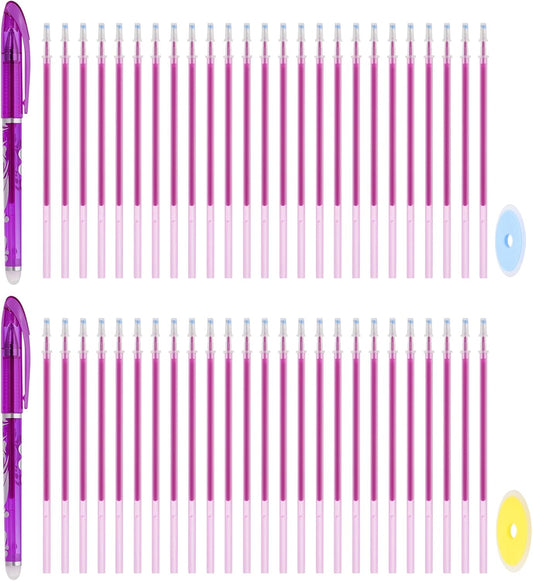 PATIKIL 2Pcs Erasable Gel Pens with 50 Refills & 2 Erasers, 0.5mm Heat Erasable Pens for Fabric Purple Ink Fabric Marking Pen for Sewing Quilting Planner Writing