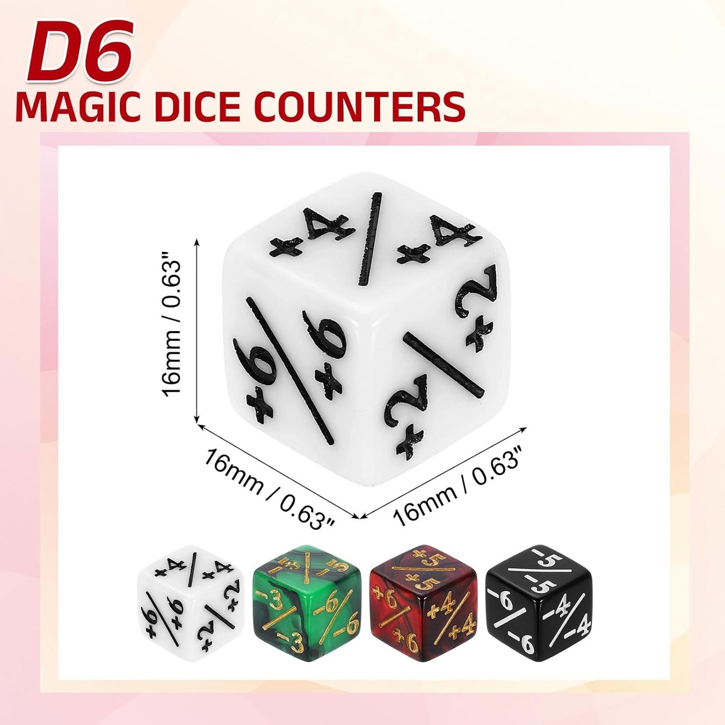 uxcell 24Pcs Magic Dice Counters, Acrylic D6 Life Token Dice Set with Pouch for Standard Cards Gaming Accessories, White, Black, Red & Black, Green & Black