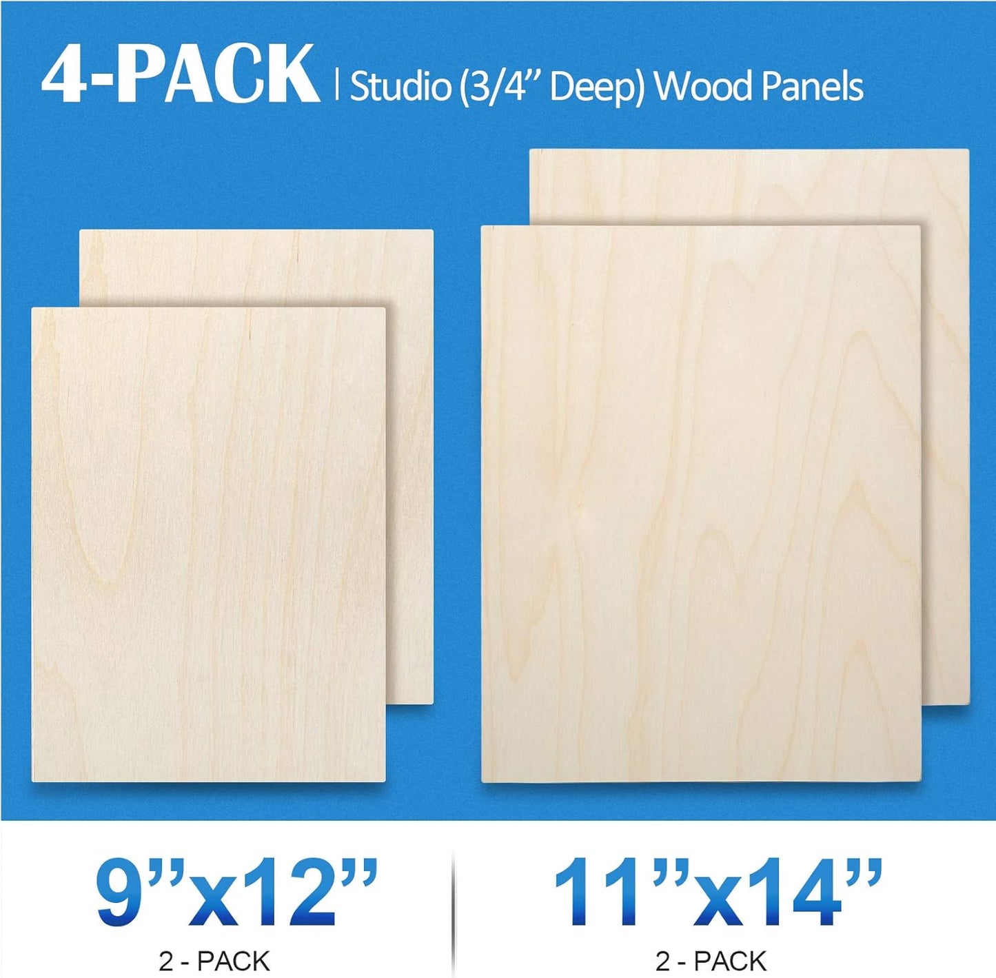 Falling in Art Unfinished Birch Wood Canvas Panels Kit, 4 Pack of 2 Sizes 11x14' and 9x12' Studio 3/4’’ Deep Cradle Boards for Pouring Art, Crafts, Painting, and More