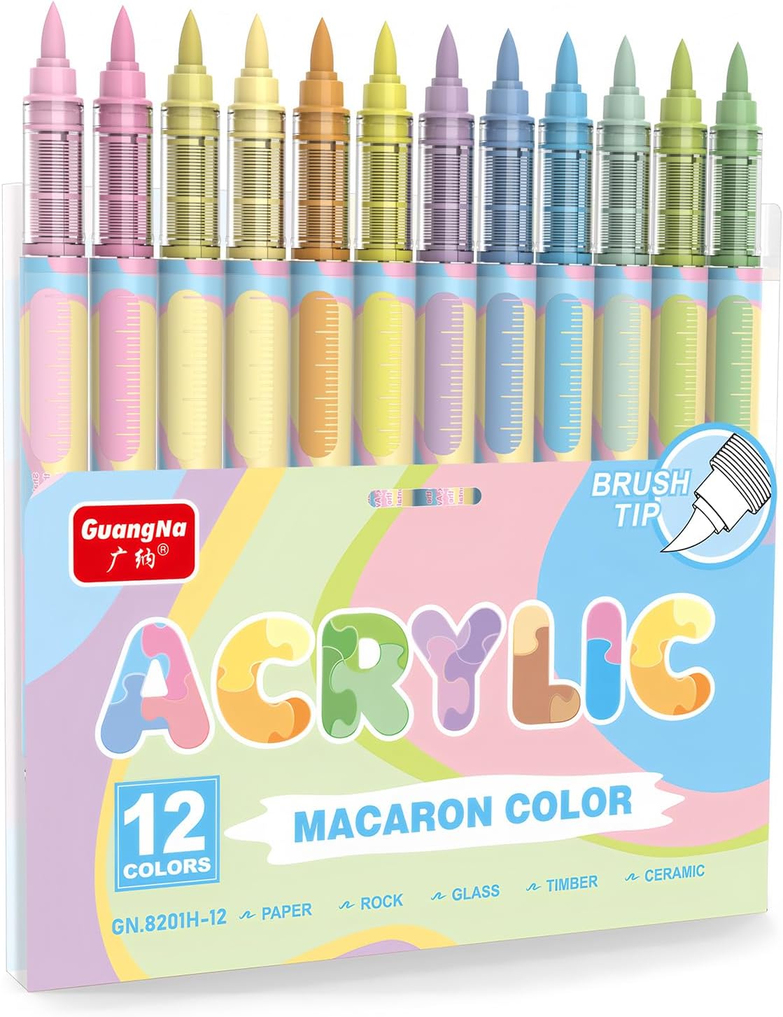 Guangna 12 Macaron Acrylic Paint Markers Set, Brush Tip Acrylic Paint Pens for Rock Painting, Wood, Glass, Paper, Coloring Book, Ceramic, Canvas, Water-Based Ink