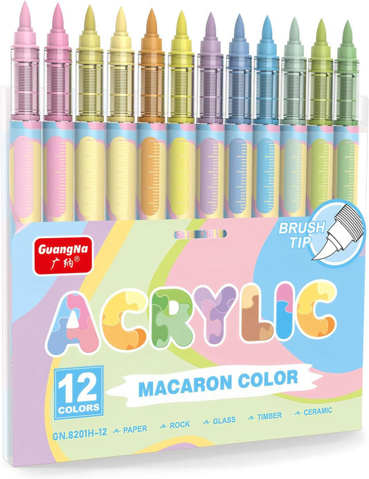 Guangna 12 Macaron Acrylic Paint Markers Set, Brush Tip Acrylic Paint Pens for Rock Painting, Wood, Glass, Paper, Coloring Book, Ceramic, Canvas, Water-Based Ink