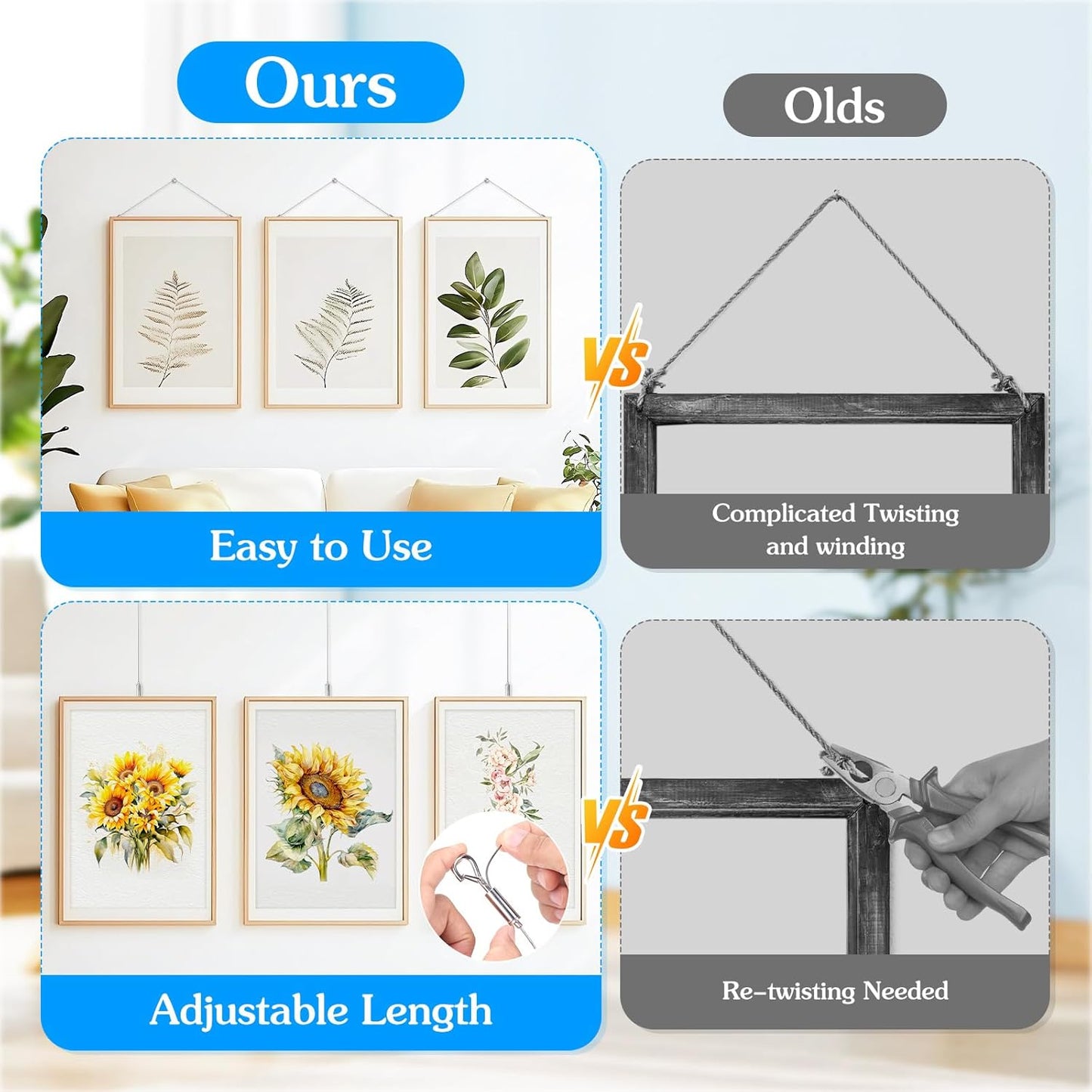 2 Pack Picture Hanging Wire Kit, Heavy Duty Picture Wire Kit for Frames & Mirrors up to 50lbs, Includes Adjustable 2m Steel Wires, D Rings & Screws, Wall Hanging Kit for Home & Gallery Use