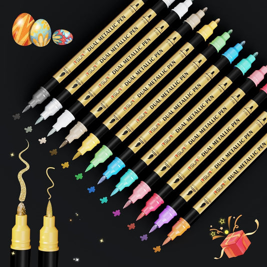 Metallic Marker Pens, 12 Colors Dual Tip Acrylic Paint Pens for Black Paper, Scrapbooking, Photo Album, Rock Painting, Paint Marker for DIY Arts & Crafts, Glass, Wood, Card Making, Scrapbook Supplies