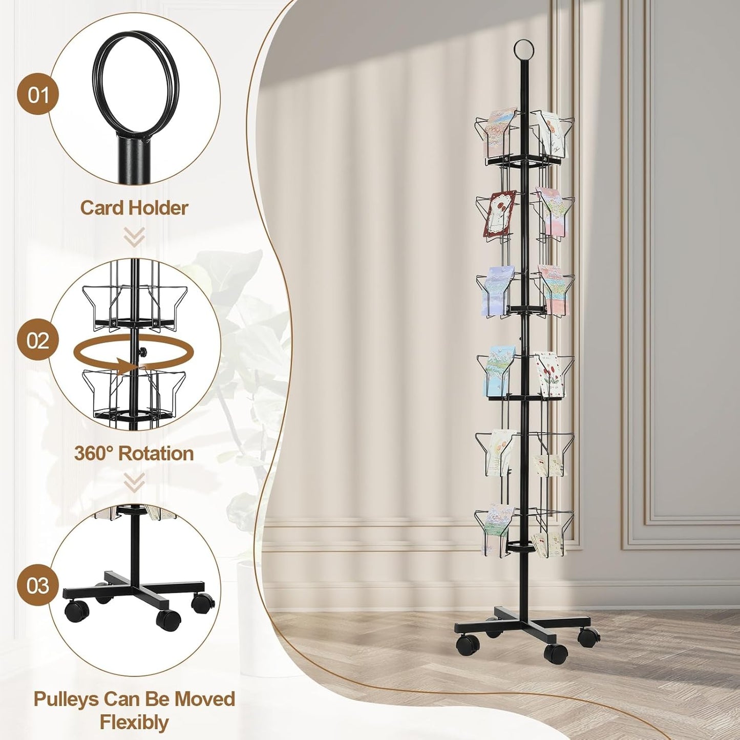 PATIKIL 6 Tier Rotating Greeting Card Rack, Metal Spinning Greeting Card Display Stand Portable Postcard Rack Holder Organizer for Postcard Sticker Photo Desk Book Stamp, Black