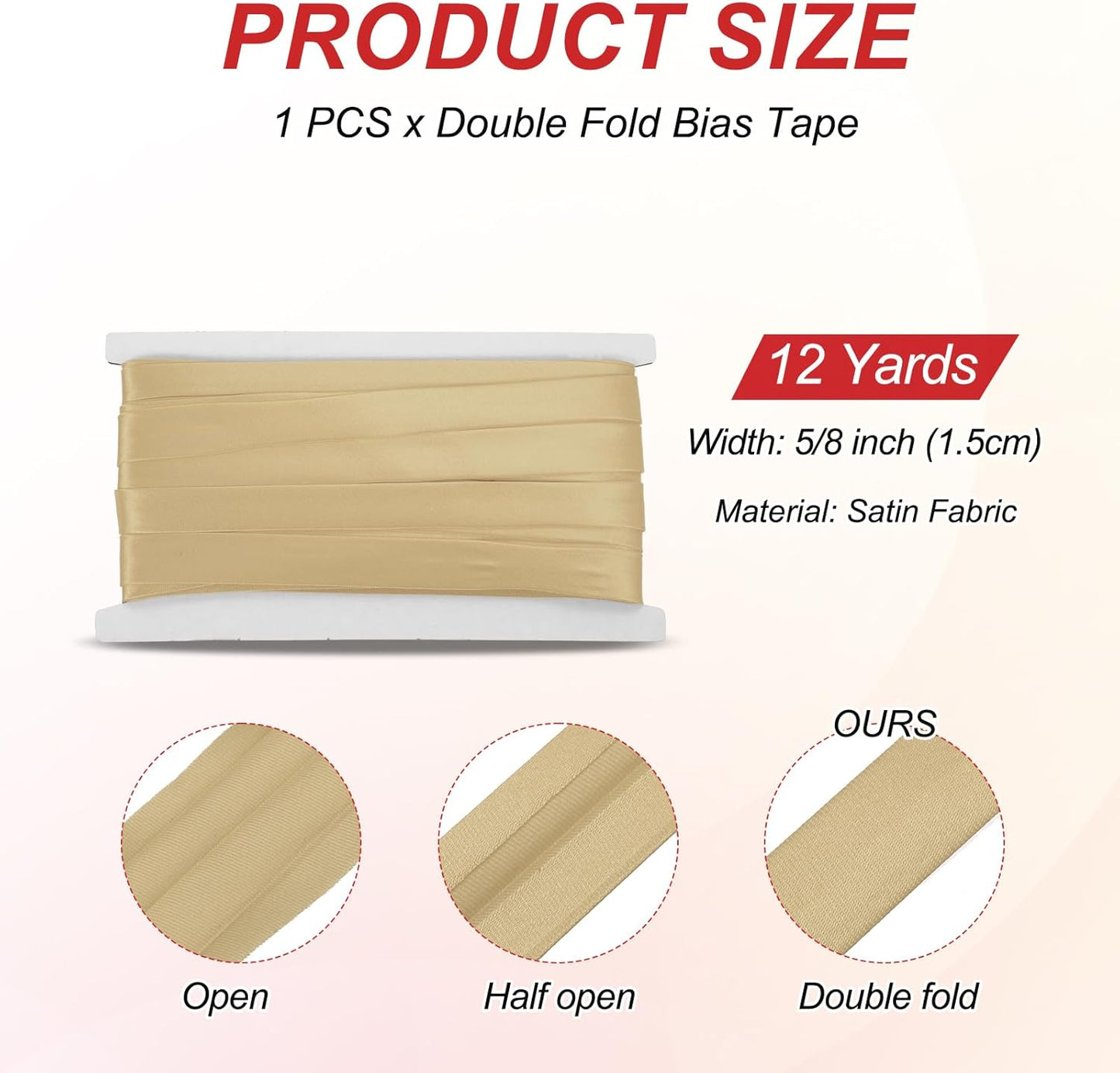 MECCANIXITY Double Fold Bias Tape for Sewing 5/8 Inch x 12 Yards Satin Pre-fold Continuous Binding Tape for Seaming Quilting Hemming Binding DIY Crafts, Light Brown