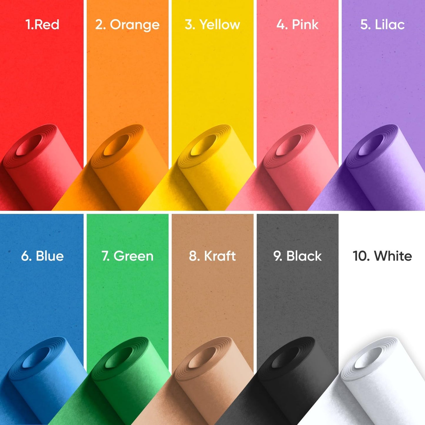 18" x 1200" (100 ft) Pack of 10 Rolls USA-Made Multi-Color Kraft Paper Rolls, 45 lbs/66 GSM – Colored Kraft Paper for Packing, Crafts, DIY Projects, Gift Wrapping – Non-Toxic, Safe for Kids