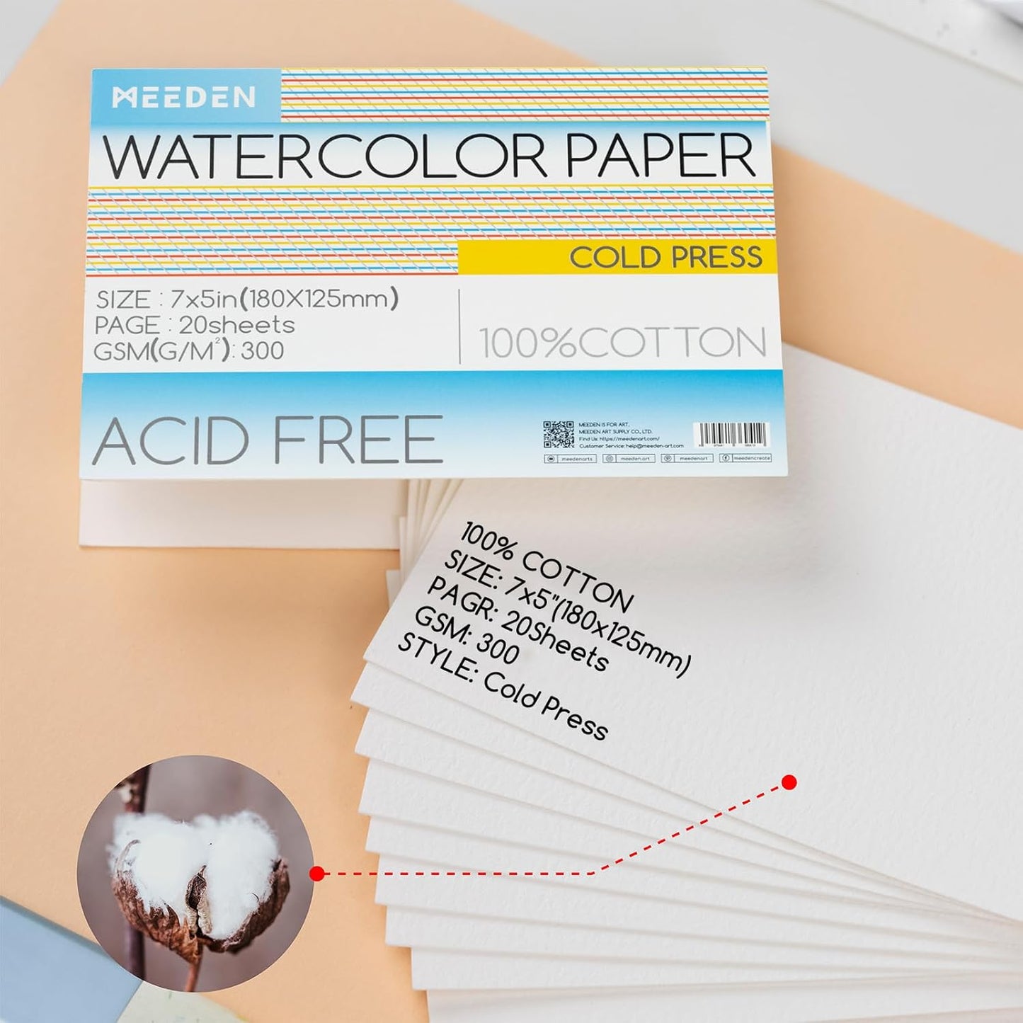 MEEDEN Watercolor Paper Block, 100% Cotton Watercolor Paper Pad of 20 Sheets, 140lb/300gsm, Acid-Free Art Paper for Watercolor, Gouache, Ink and More, 5" x 7" Cold Press