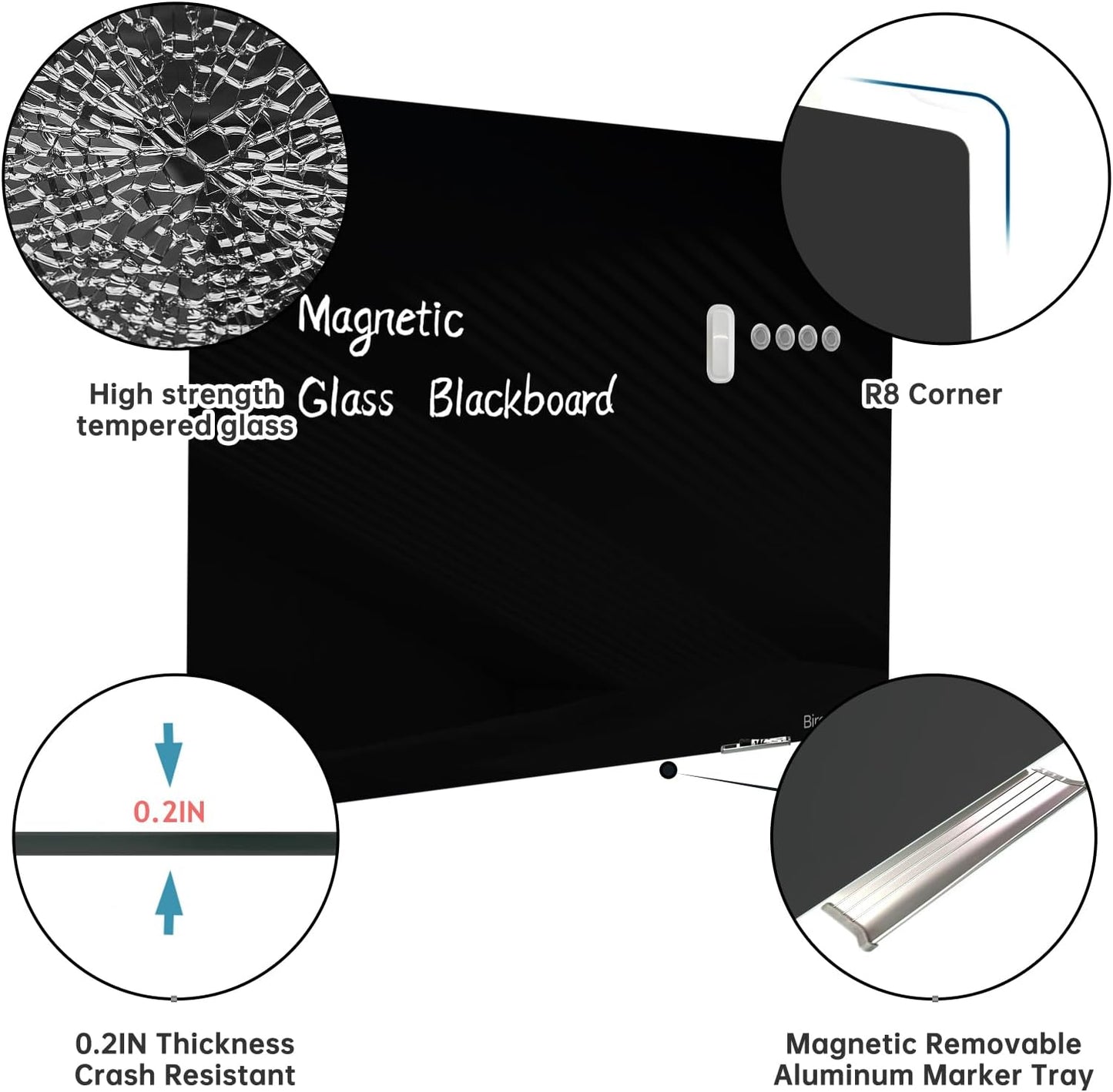 Magnetic Glass Blackboard - Glass Dry Erase Board 48"x96" Large Frameless Board for Walls Office School and Home,Black