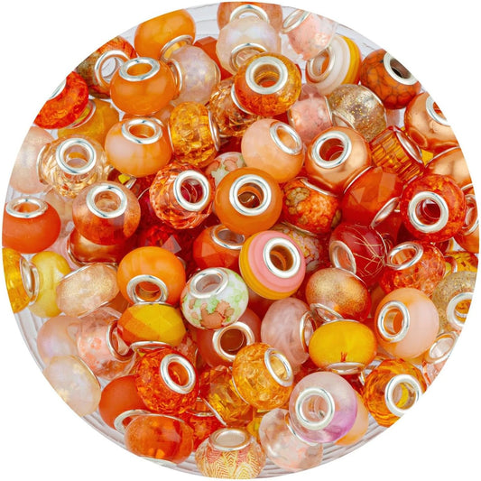 LAIDANLA Orange Mix Large Hole Beads, 100pcs 14mm x 5mm Round Resin, Plastic, Acrylic Loose Beads for Jewelry Making, DIY Gifts