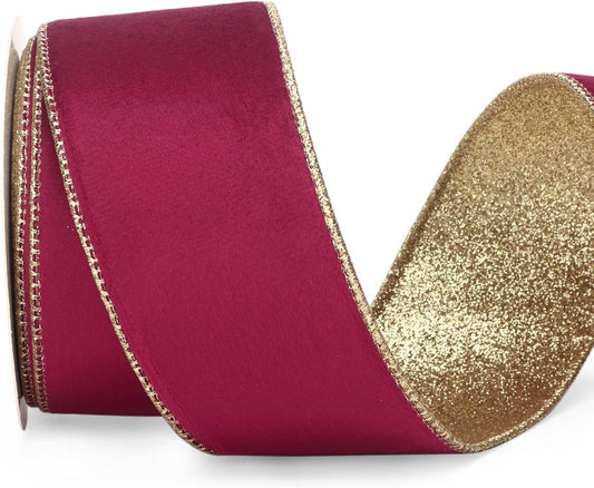 Ribbli Burgundy Velvet Wired Ribbon 2.5 Inch Burgundy Velvet with Gold Glitter Christmas Ribbon for Christmas Tree Decoration Big Bow Gift Wrapping Crafts Wreaths Supplies- 10 Yards