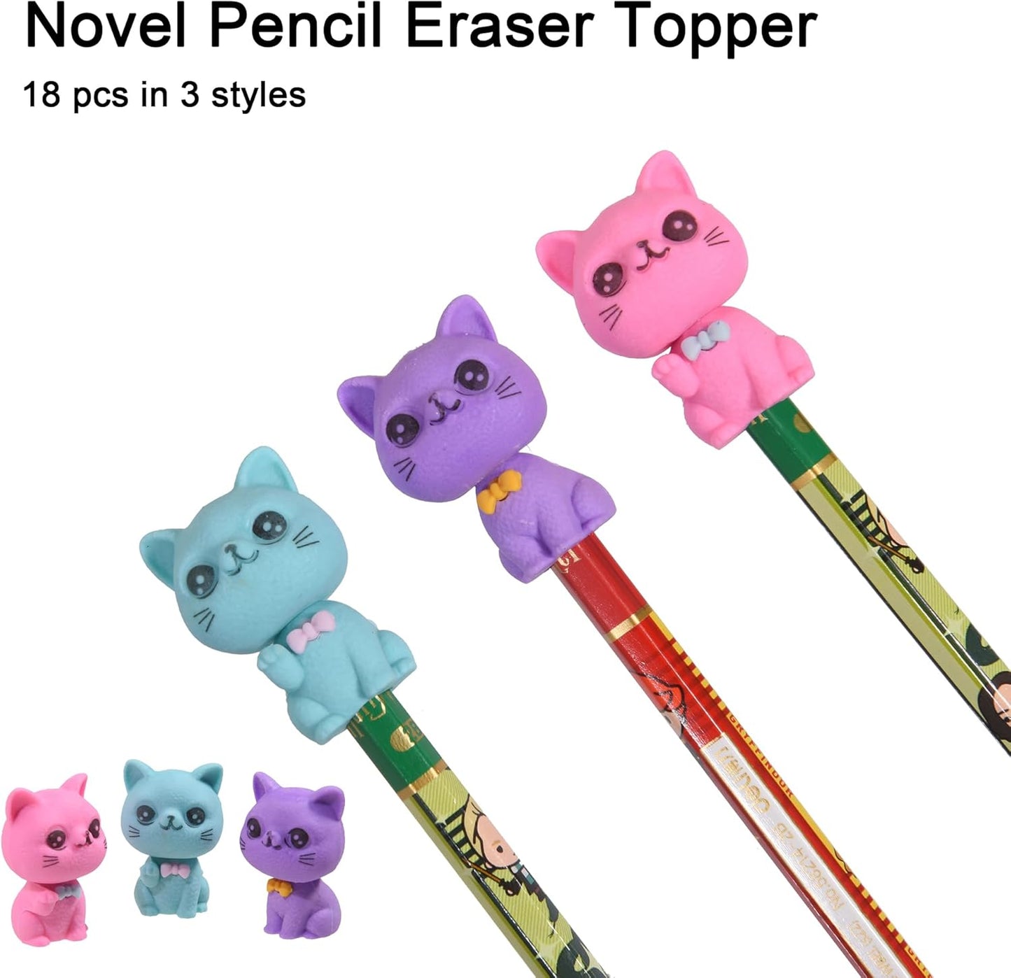 HILAZA 18Pcs Pencil Top Erasers for Kids, 3D Cute Cat Pencil Toppers, Bulk Fun Pencil Cap Easters for School Classroom Supplies Prize Gifts Party Favors