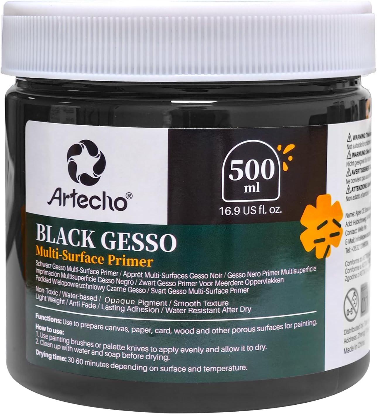 Artecho Black Gesso 16.9oz / 500ml, Gesso Primer for Acrylic Painting
