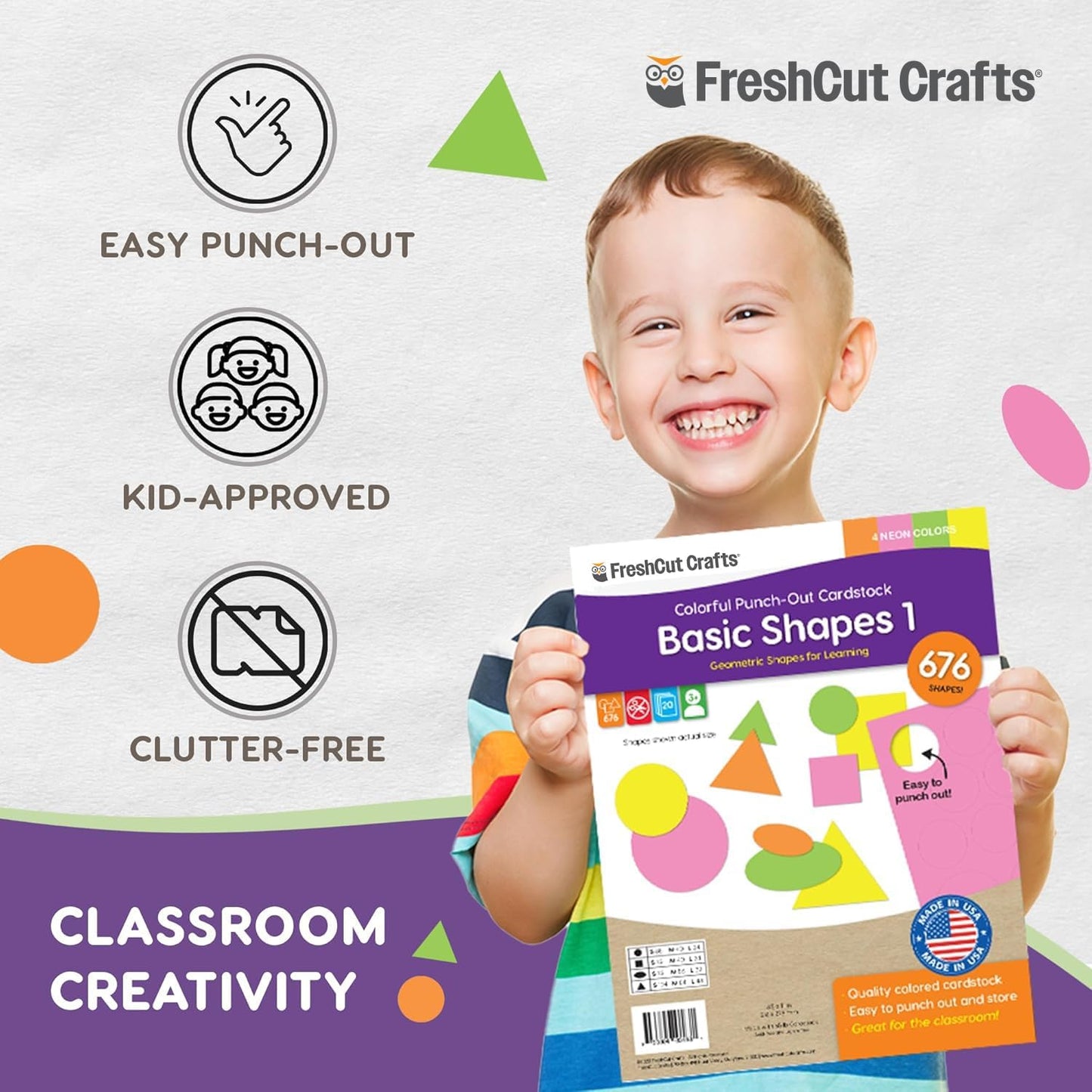 Basic Shapes 1: Circles, Triangles, Squares, Ovals, 676 Pieces US Made Card Stock Punch Out Geometric Shapes in 3 Sizes and 4 NEON Colors for Math, Pattern Play and DIY Crafting