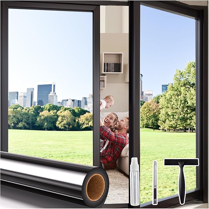 Coavas One Way Privacy Window Film,Daytime Window Tint for Home, Reflective Mirror Glass Window Film See Out Not in,Heat UV Blocking Anti-Glare Window Covers with 3 Tools, 17.5 x 157.5 Inch, Black