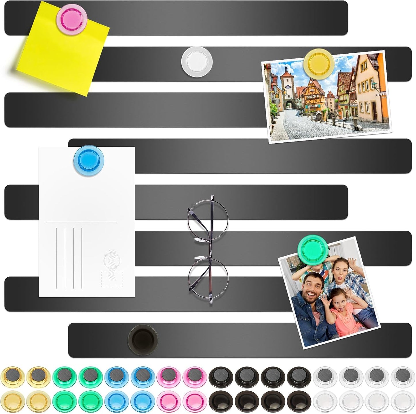 Wukong 8 Pack | 30x3cm(11.81 x 1.18) Magnetic Stainless Black Boards Strips, Adhesive Backing Bulletin Bar Board, Memo Board with 32Pcs Colorful Magnets for Office, Home, Photo Wall, Documents