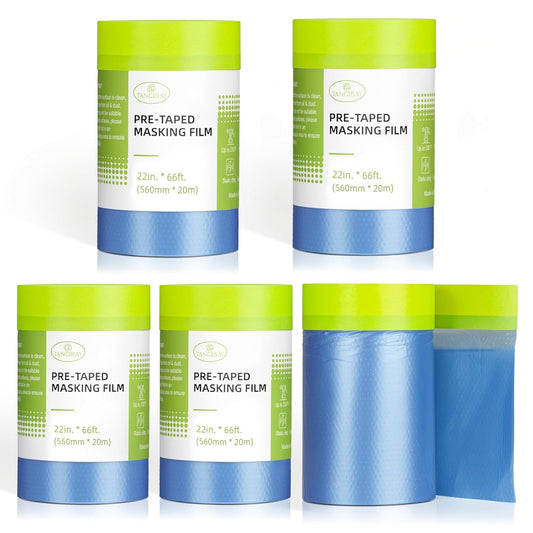 Pre-Taped Masking Film for Painting - 22" x 66' Painters Plastic Sheeting with Automotive Paint Tape and Drape for Covering Cars, Walls, Windows and Furniture Protection (5 Rolls)