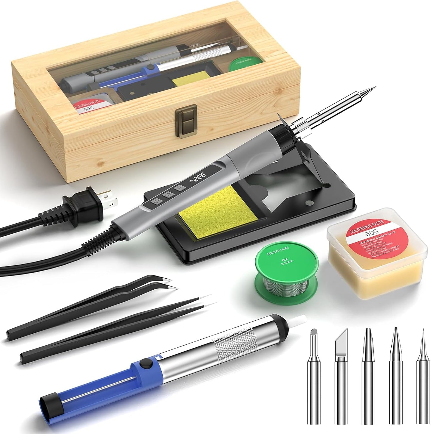 Soldering Iron Kit, 190W Soldering Gun, 110V LED Solder Kit for Electronics, Adjustable Temperature 356-932℉, Includes Solder Wire, Sucker, Tips, Stand, Tweezers, Paste and Solid Wood Box, Grey