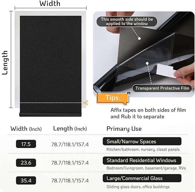 LUTE Blackout Window Film, Sun Light Blocking Frosted Privacy Cling for Glass, Darkening Window Tint for Day Sleep Black Out Shades, UV Blocking Static Cling Blackout Cover, 17.5" x 157.4"