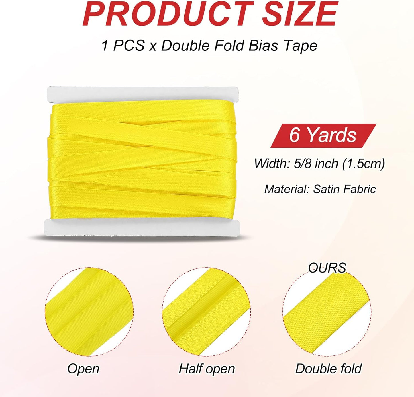 MECCANIXITY Double Fold Bias Tape for Sewing 5/8 Inch x 6 Yards Satin Pre-fold Continuous Binding Tape for Seaming Quilting Hemming Binding DIY Crafts, Yellow