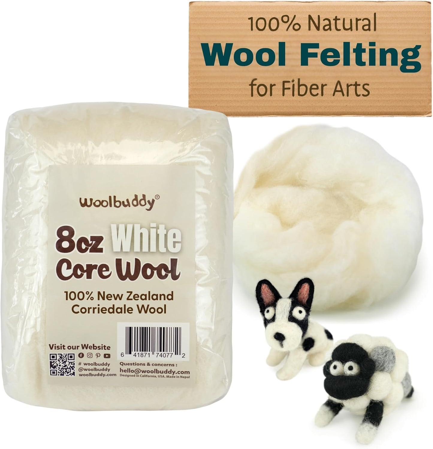 Woolbuddy Wool Felting Core Wool – Handmade Carded White for Needle & Wet Felting, Dryer Balls, Craft Pads & Chunky Yarn (8oz)