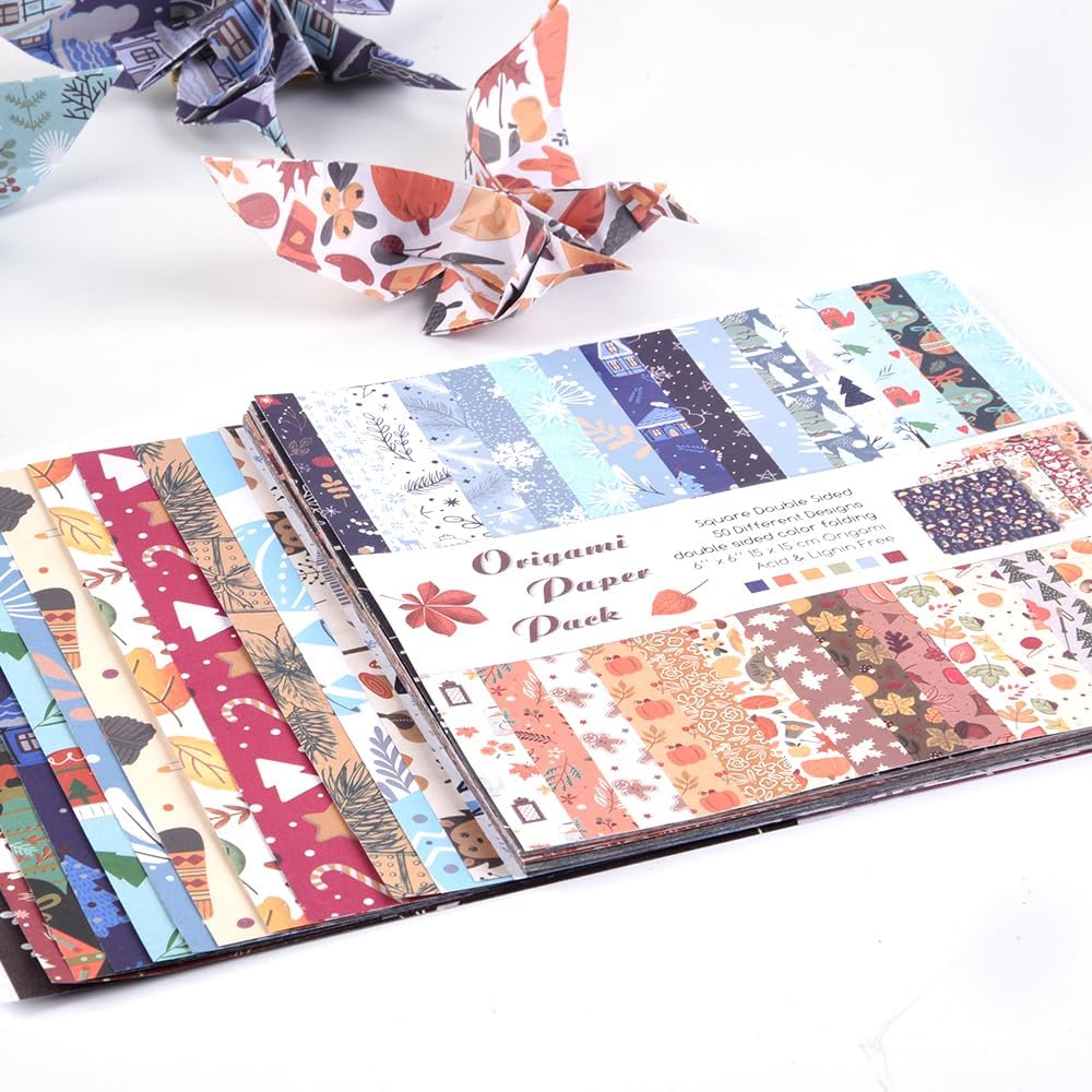 Origami Paper Kit 50 Sheets 70GSM 6 Inch Square Double Sided Color 50 Vivid Japanese Washi Chiyo Colors for Hand Crafts Origami Paper Arts Creativity.Winter