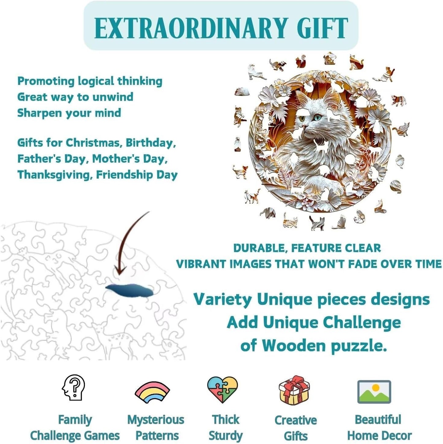 Wooden Puzzles Adults, 3D Cute Cat Wooden Puzzles 100 Pieces, Unique Animal Shaped Wood Challenging Jigsaw Puzzles Gifts for Adults, 8.5x8.5in